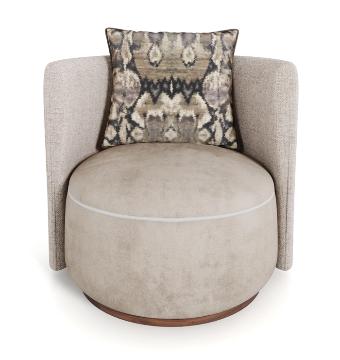 A chic Lucie Armchair with a linen back, a velvet seat featuring white piping, and a modern design. The chair exudes glamour and elegance.