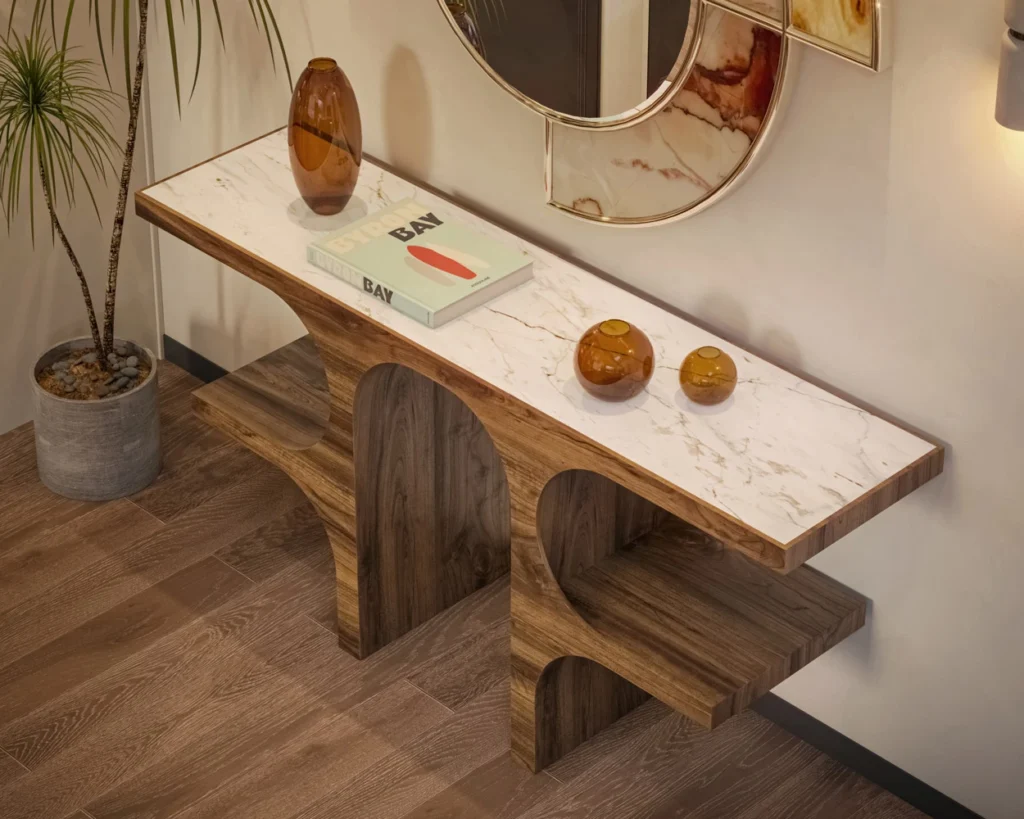 Nolita Harbour Lynn Console Table featuring an Estremoz marble top and unique walnut structure with open shelving.