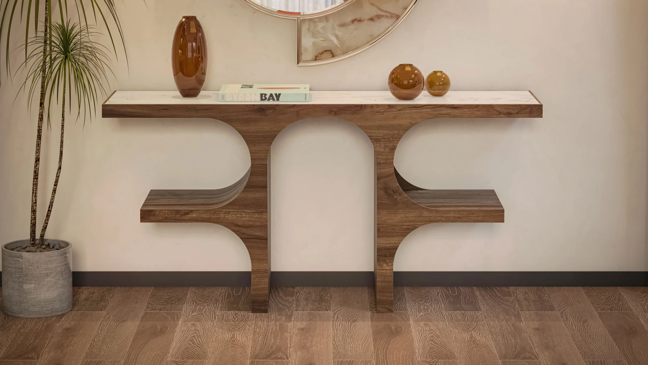 Nolita Harbour Lynn Console Table featuring an Estremoz marble top and unique walnut structure with open shelving.