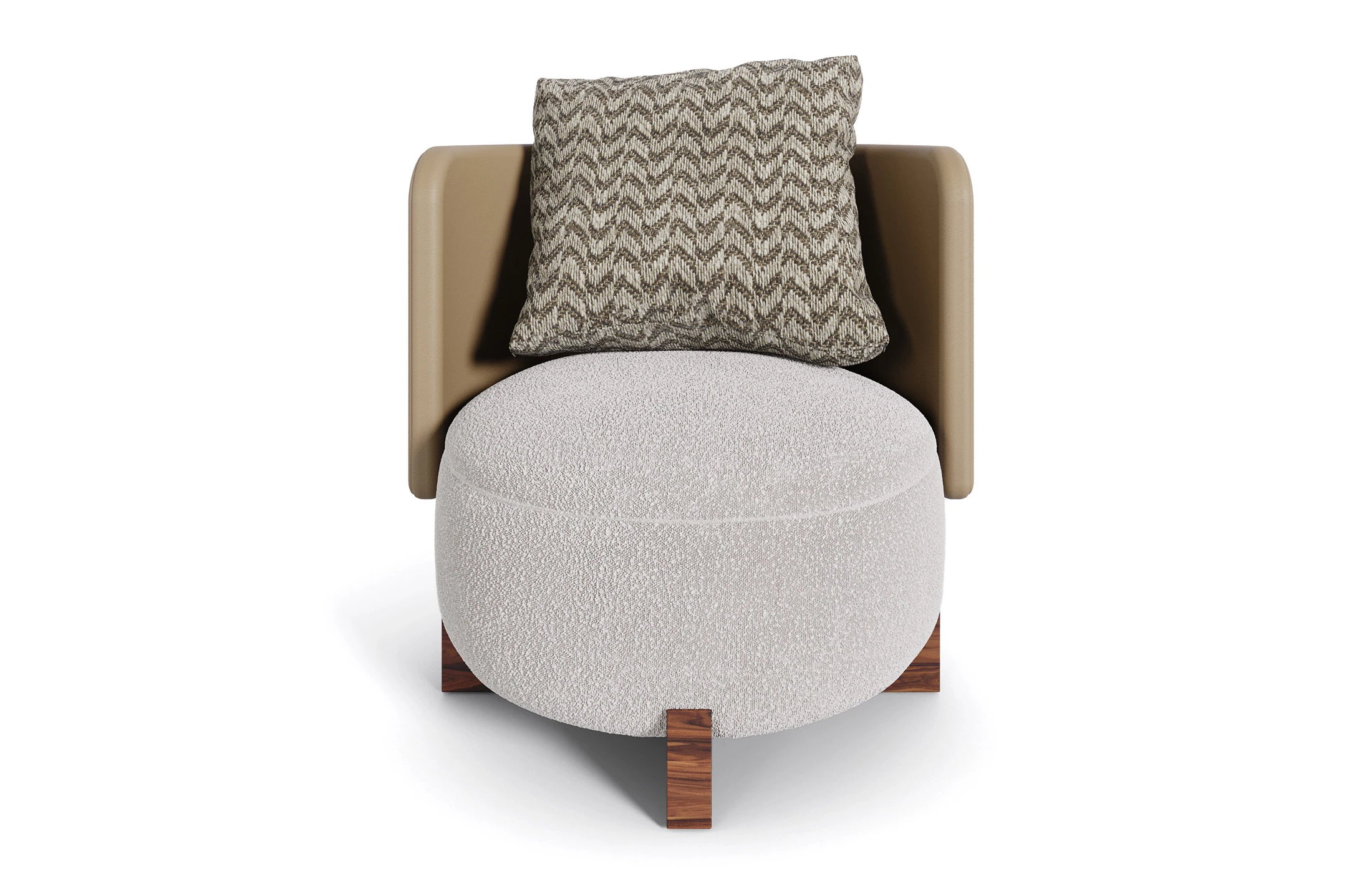 Margot armchair featuring a walnut cross base, upholstered in luxurious bouclé fabric with a leather backrest. The cushion showcases a stylish pattern, blending modern aesthetics with exceptional comfort.