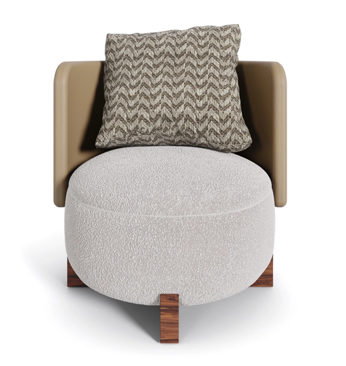 Margot armchair featuring a walnut cross base, upholstered in luxurious bouclé fabric with a leather backrest. The cushion showcases a stylish pattern, blending modern aesthetics with exceptional comfort.