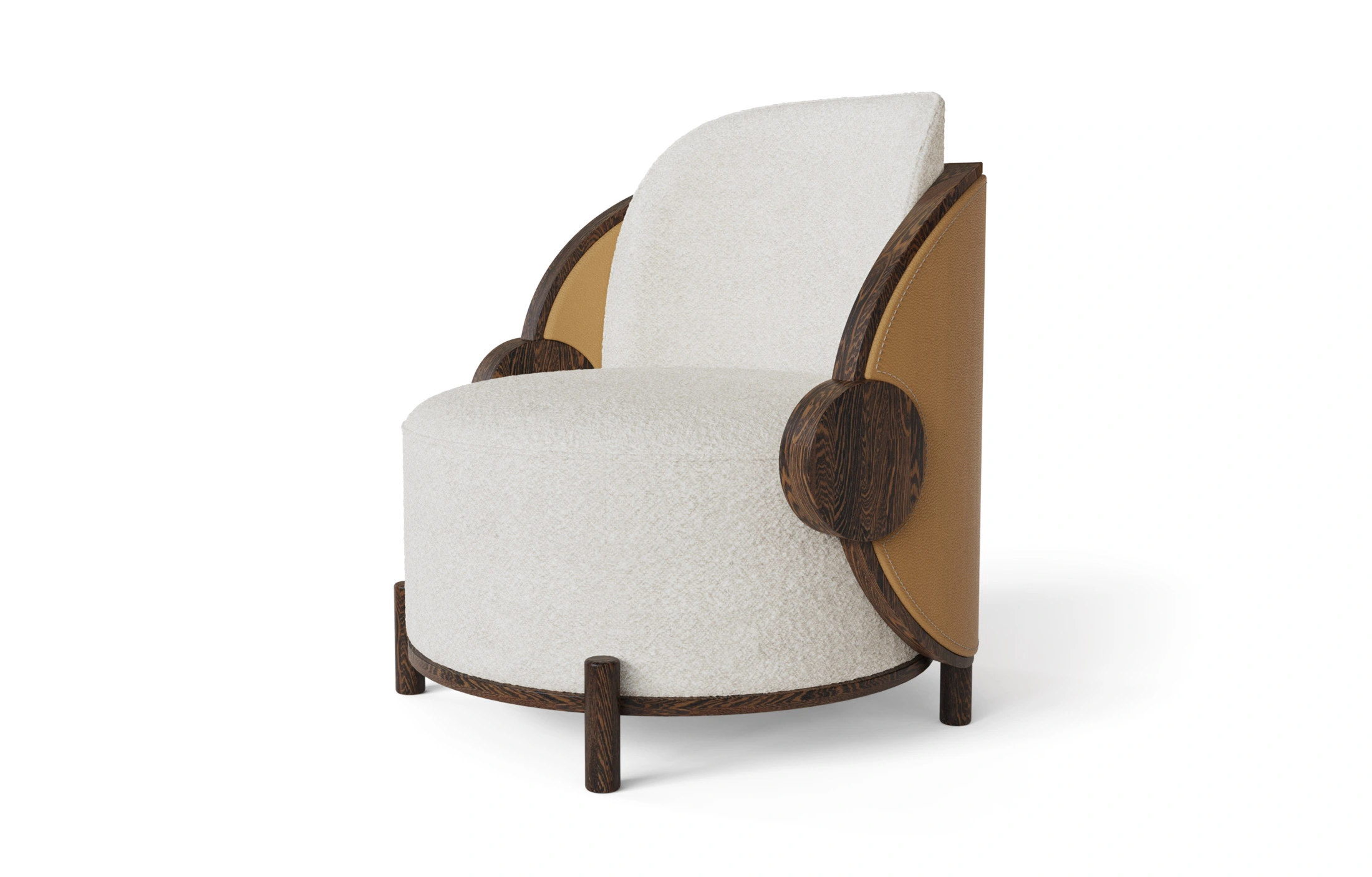 Marie Armchair by Nolita Harbour, featuring leather backrest, glossy walnut frame, and boucle upholstery, showcasing elegant organic shape and luxurious design.