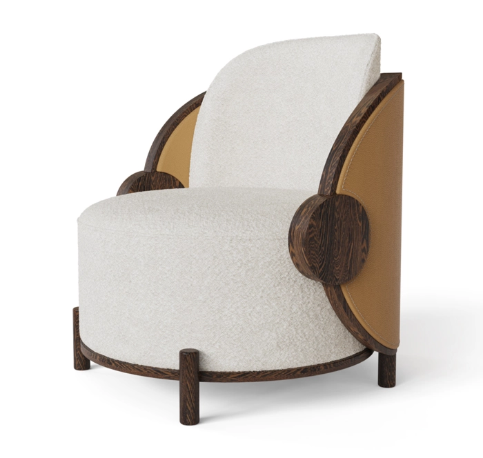 Marie Armchair by Nolita Harbour, featuring leather backrest, glossy walnut frame, and boucle upholstery, showcasing elegant organic shape and luxurious design.