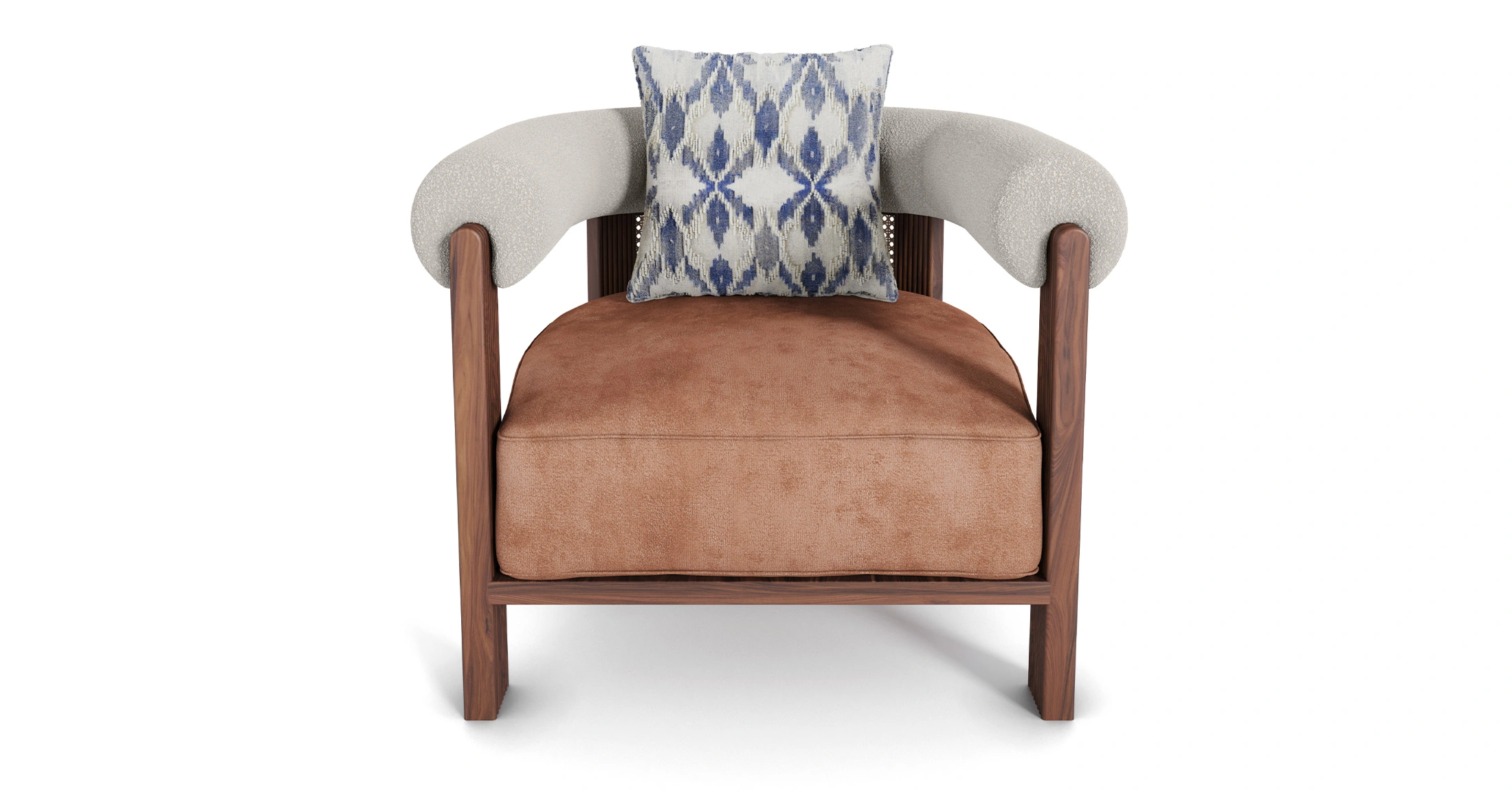 Nolita Harbour Olivia Armchair with a plush seat, rattan back, and matte walnut frame with waved legs.