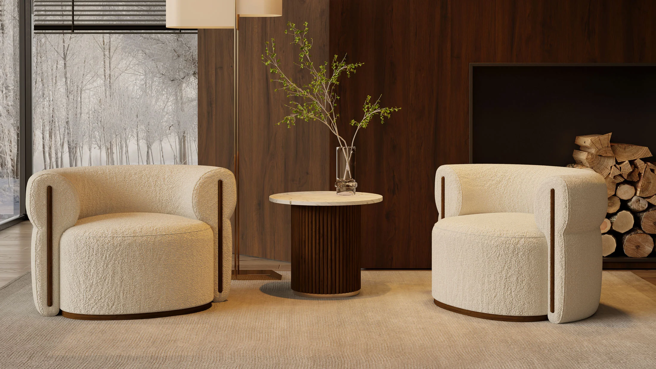 Camille Armchair showcasing its rounded design and walnut accents in a warm space.