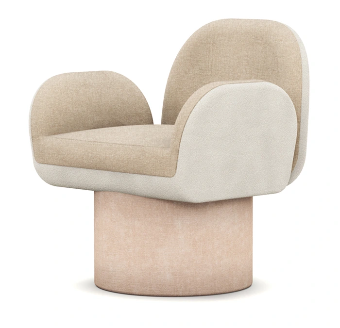 A modern Sabine Dining Chair with a tubular base and comfortable armrests, upholstered in a combination of velvet and boucle fabrics. The chair features a stylish and inviting design.