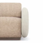 Noor contemporary armchair detail by Nolita Harbour, bouclé upholstered chair with sculptural shell and refined wood detailing.