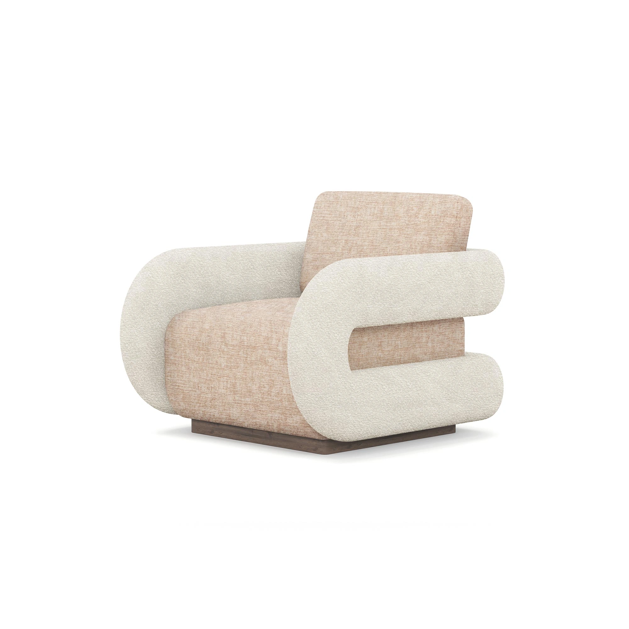 noor-armchair-front-view-1-nolita-harbour Noor armchair by Nolita Harbour, bouclé upholstered curved armchair with walnut base and sculptural silhouette.