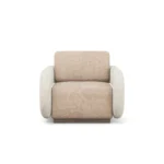 Noor designer armchair by Nolita Harbour, curved lounge chair with bouclé upholstery and sculptural walnut base.
