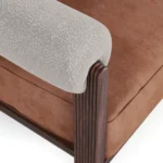 Olivia velvet armchair detail by Nolita Harbour, luxury lounge chair with handwoven rattan back and refined walnut frame.