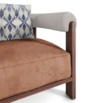 Olivia contemporary armchair detail by Nolita Harbour, velvet upholstered chair with woven rattan back and architectural walnut craftsmanship.