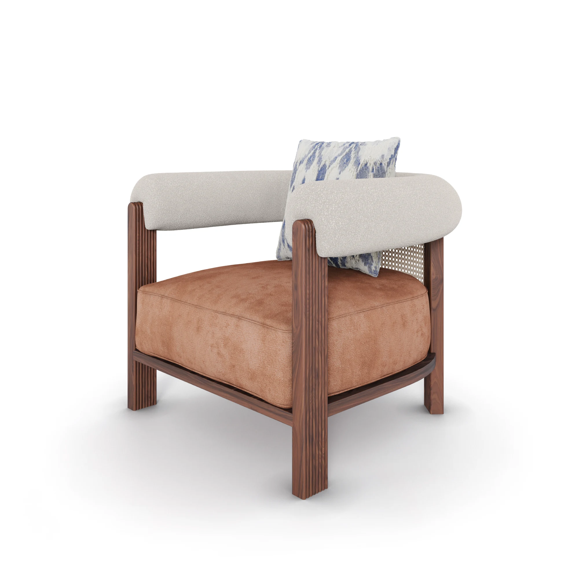 olivia-armchair-front-view-1-nolita-harbour Olivia armchair by Nolita Harbour, velvet armchair with rattan back, walnut frame, and sculptural coastal silhouette.