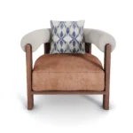Olivia armchair by Nolita Harbour, sculptural velvet chair with rattan panel and elegant Mediterranean-inspired wood structure.