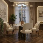 Paris dining chair by Nolita Harbour, upholstered dining chair with solid walnut frame and curved back, elegant seating in a refined dining room.