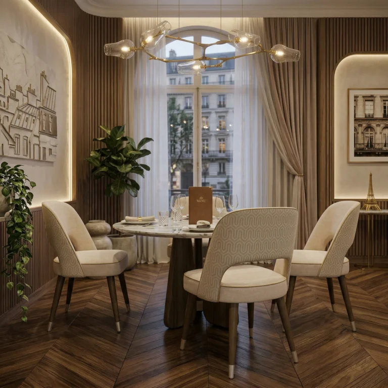 Paris dining chair by Nolita Harbour, upholstered dining chair with solid walnut frame and curved back, elegant seating in a refined dining room.