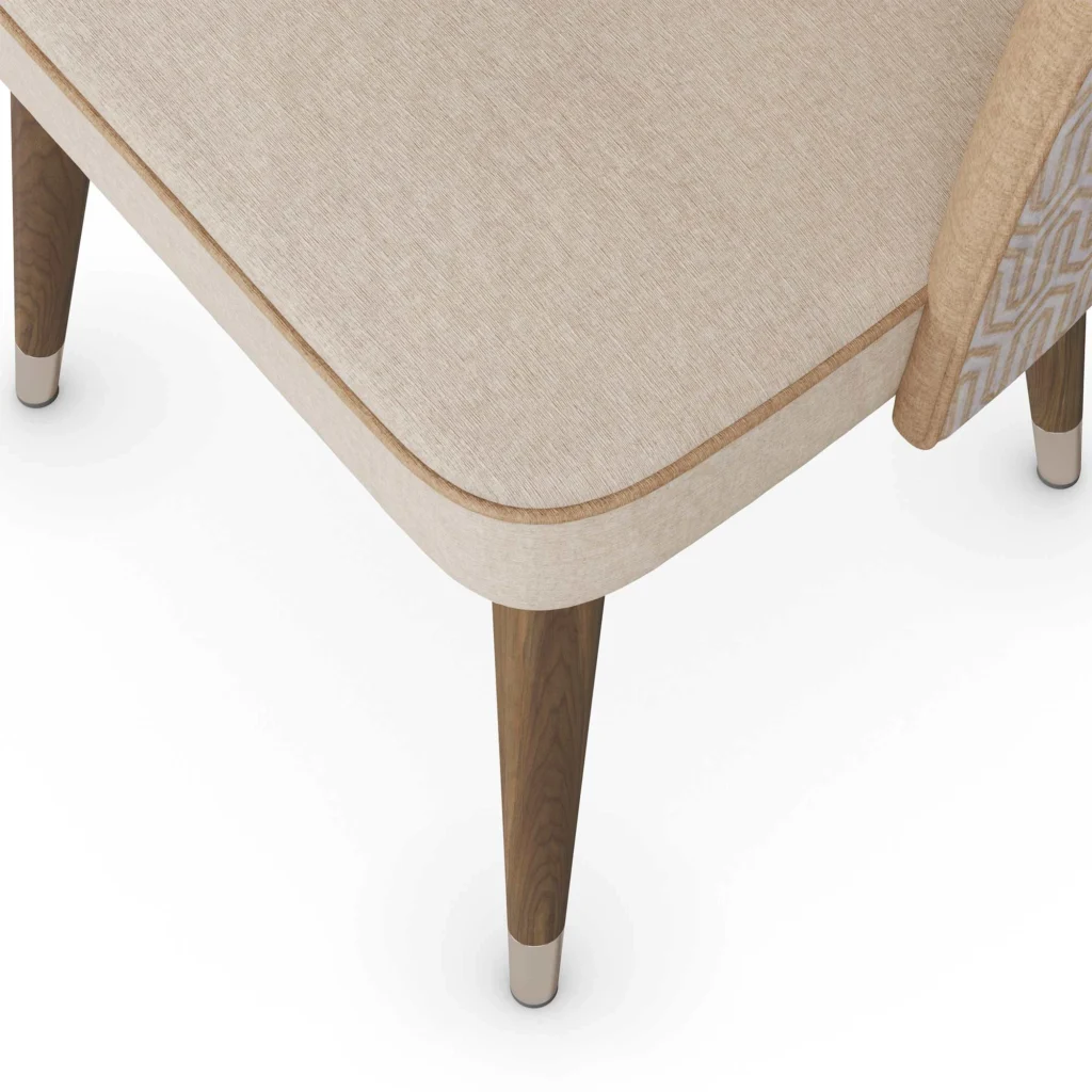 Paris walnut dining chair detail by Nolita Harbour, luxury upholstered chair with curved backrest and refined architectural silhouette.