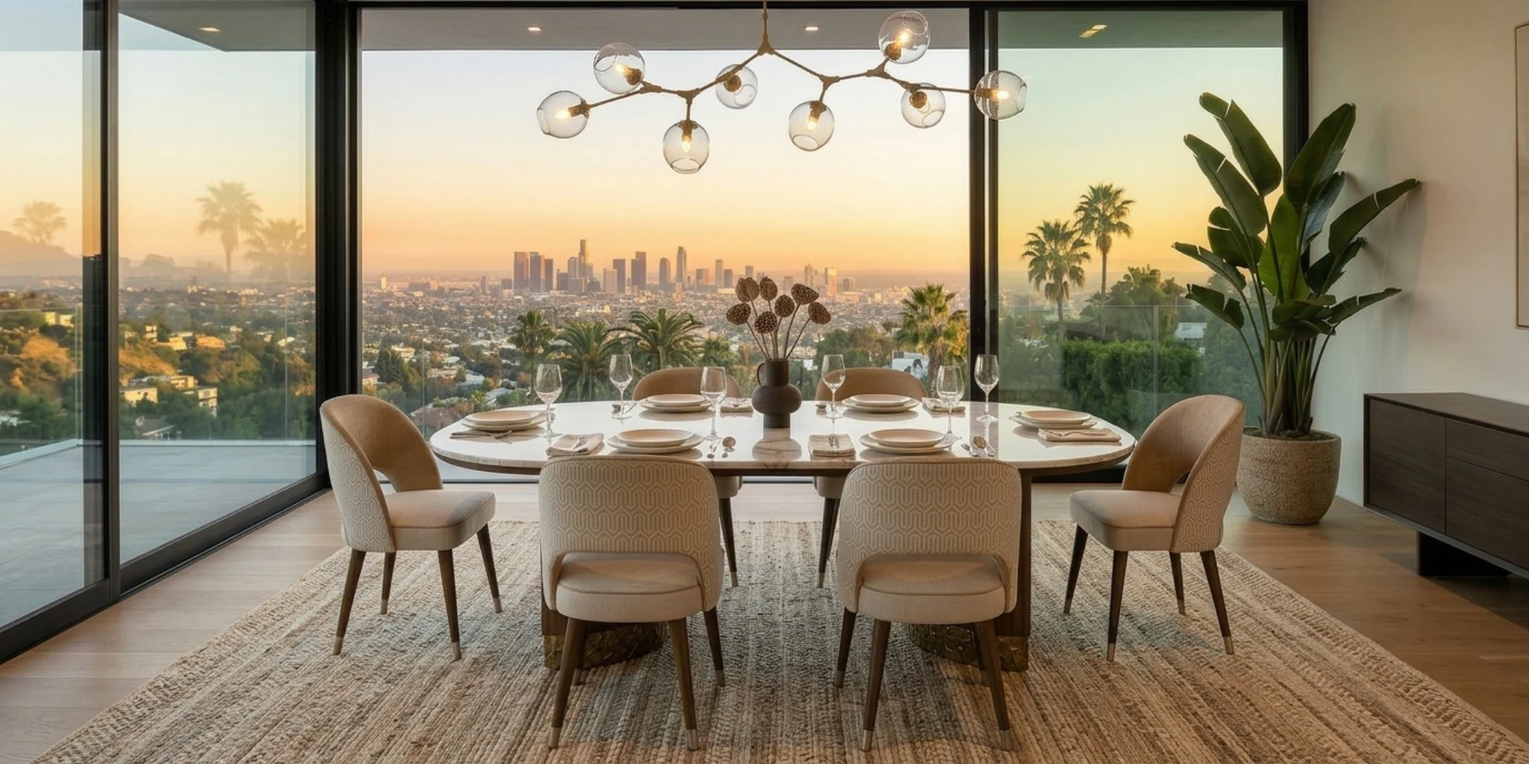 Elegant Nolita Harbour dining room with Paris upholstered walnut dining chairs, sculptural round table and refined contemporary luxury.