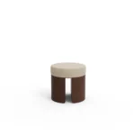 Pauline walnut stool by Nolita Harbour, bouclé upholstered seat with sculptural wood base and elegant, architectural form.