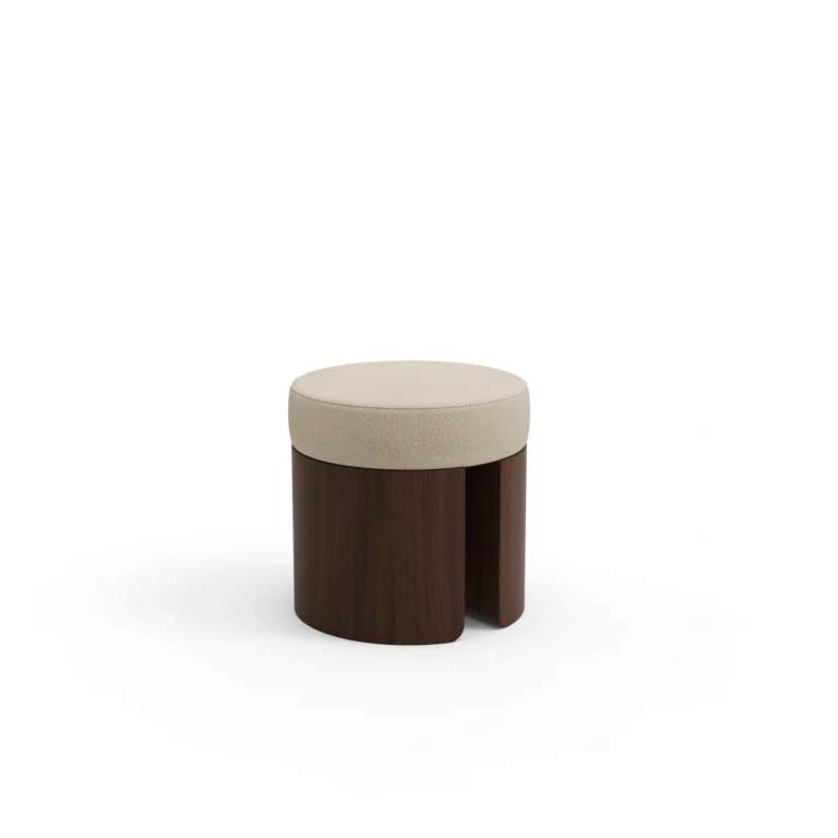 Pauline stool by Nolita Harbour, bouclé upholstered accent stool with sculpted walnut base and round padded seat.