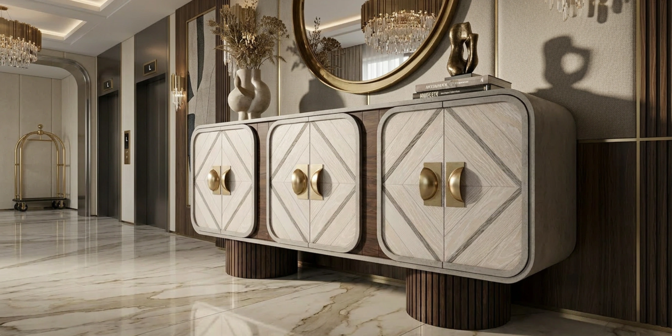 A Phillip sideboard, by Nolita Harbour, with a profile that supports a handcrafted storage cabinet in light and dark wood tones.
