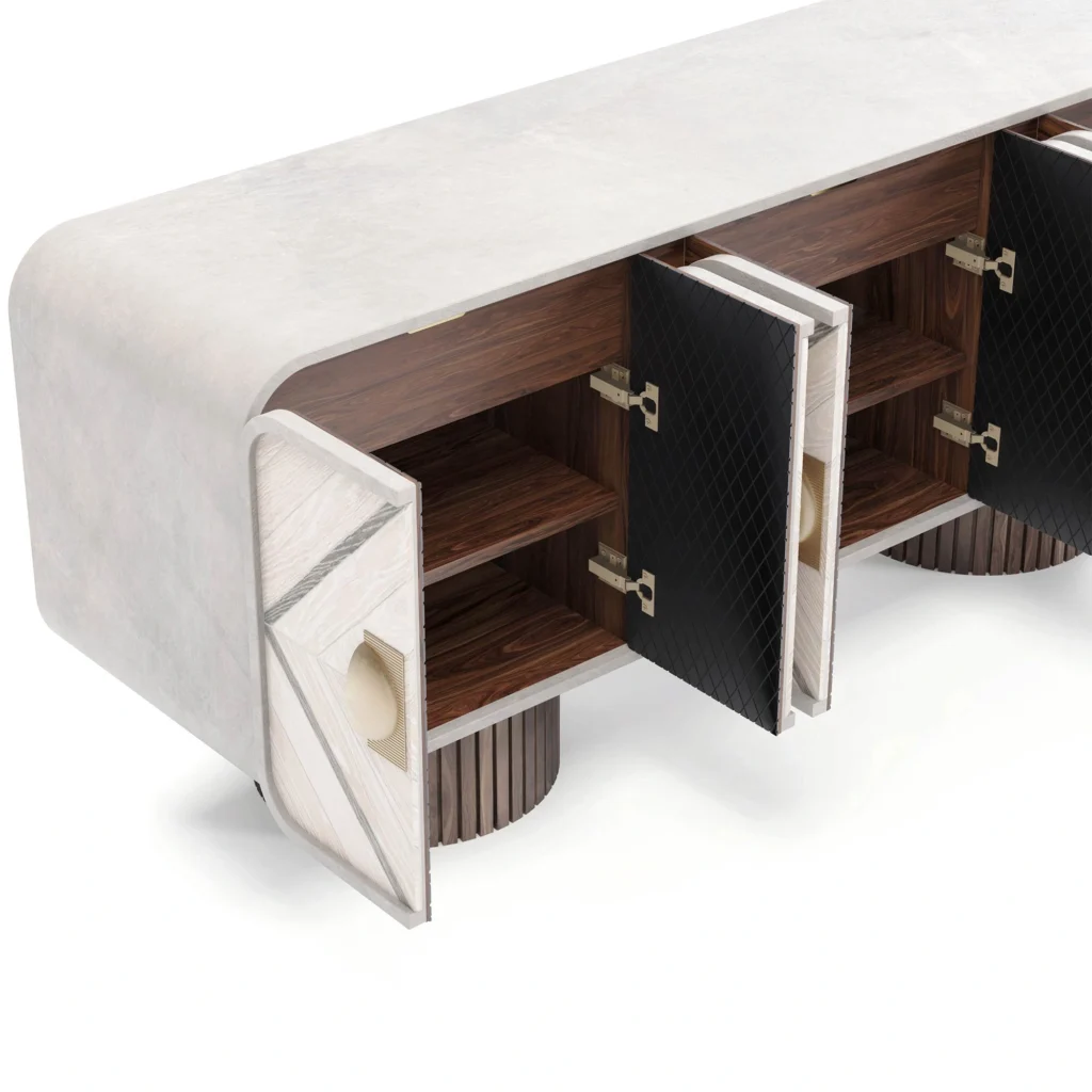 Opened Phillip Sideboard, a refined sideboard by Nolita Harbour crafted in wood and brass, with sculptural base and patterned door panels