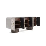 Opened Phillip Sideboard, a designer sideboard by Nolita Harbour in wood and brass, combining gold-tone handles with sculptural form