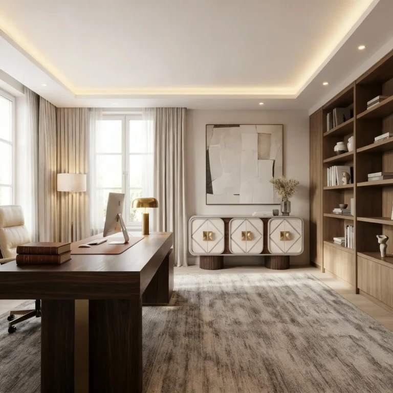 Secretary room with a wood and brass Phillip sideboard, by Nolita Harbour, in the back of the room, offering tactile depth while remaining visually disciplined.