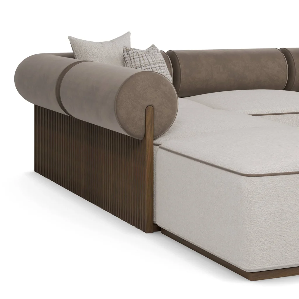 Pierre velvet sofa by Nolita Harbour, luxury sectional sofa with modular design and continuous walnut plinth, refined form.