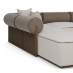 Pierre velvet sofa by Nolita Harbour, luxury sectional sofa with modular design and continuous walnut plinth, refined form.
