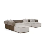 Pierre sofa by Nolita Harbour, velvet modular sofa with recessed walnut base and clean, architectural linear silhouette.