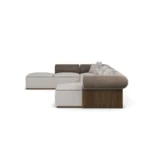 Pierre modular sofa by Nolita Harbour in velvet, sectional sofa with sculptural lines and recessed walnut base.