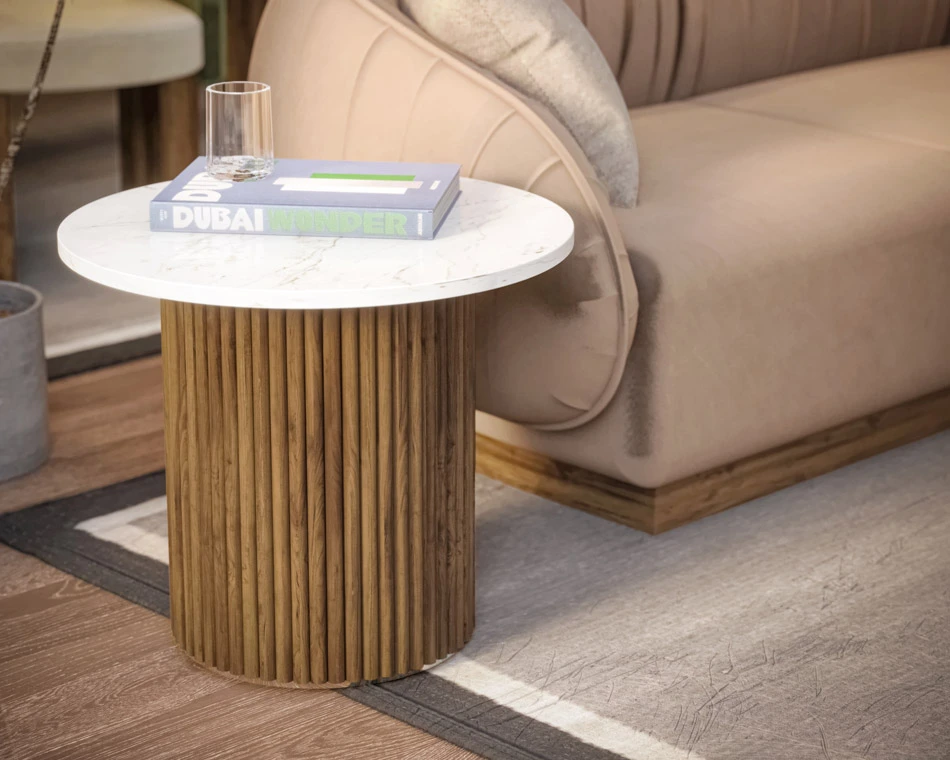 Roland Side Table features a sophisticated marble surface atop a textured wood base. Compact design perfect for diverse home settings.