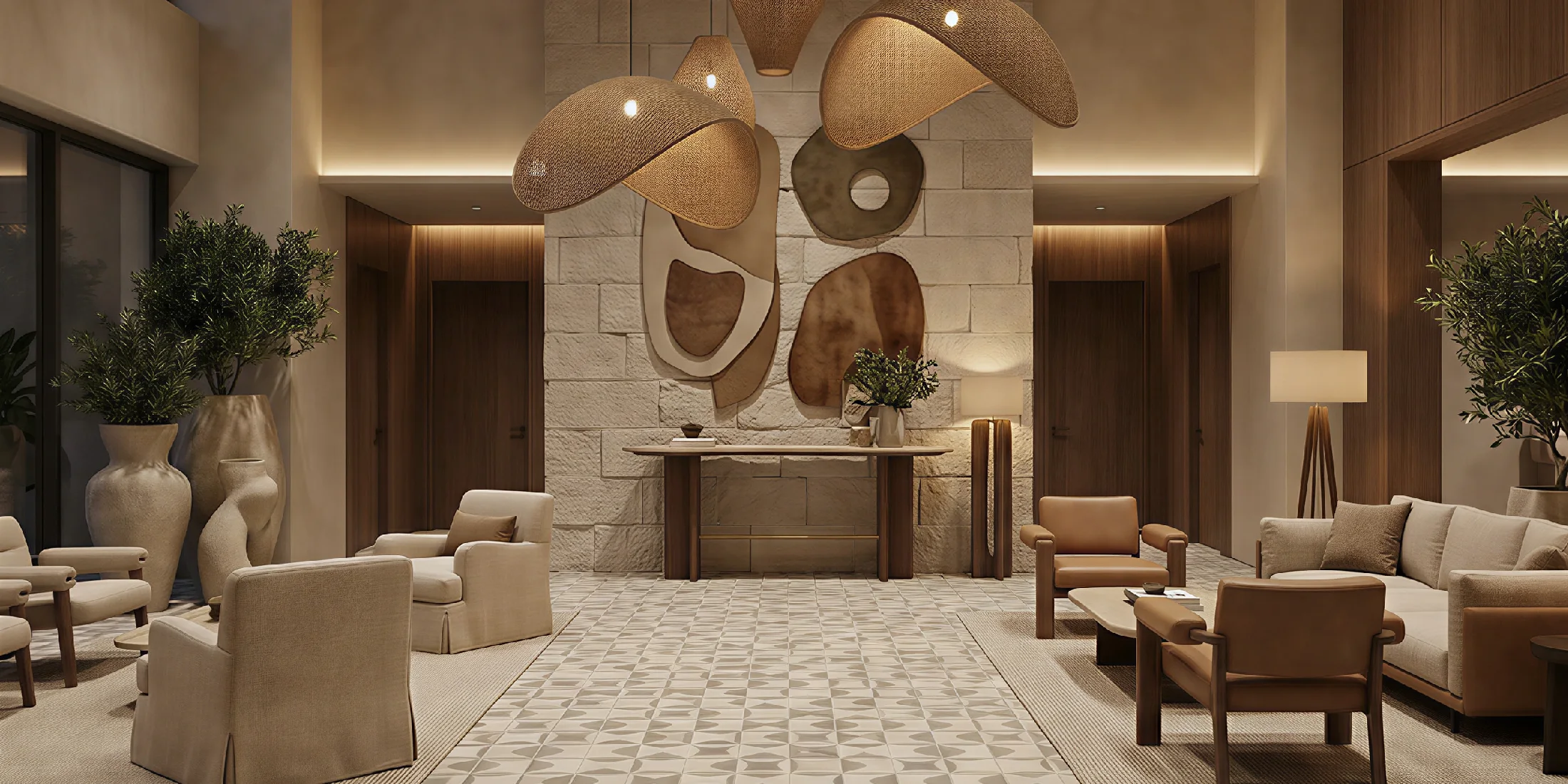 A large room, designed by Nolita Harbour, with the centerpiece being the Romi console, an Alpinina marble and walnut console table that balances solidity and lightness.