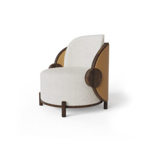 Marie Armchair by Nolita Harbour, featuring leather backrest, glossy walnut frame, and boucle upholstery, showcasing elegant organic shape and luxurious design.