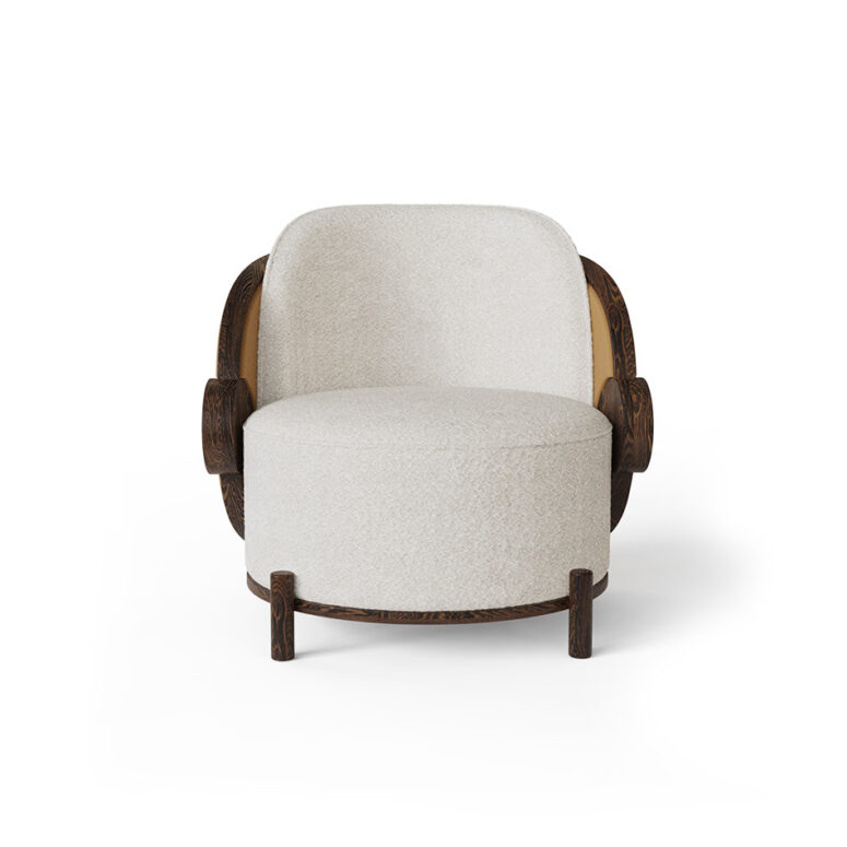 Marie Armchair by Nolita Harbour, featuring leather backrest, glossy walnut frame, and boucle upholstery, showcasing elegant organic shape and luxurious design.