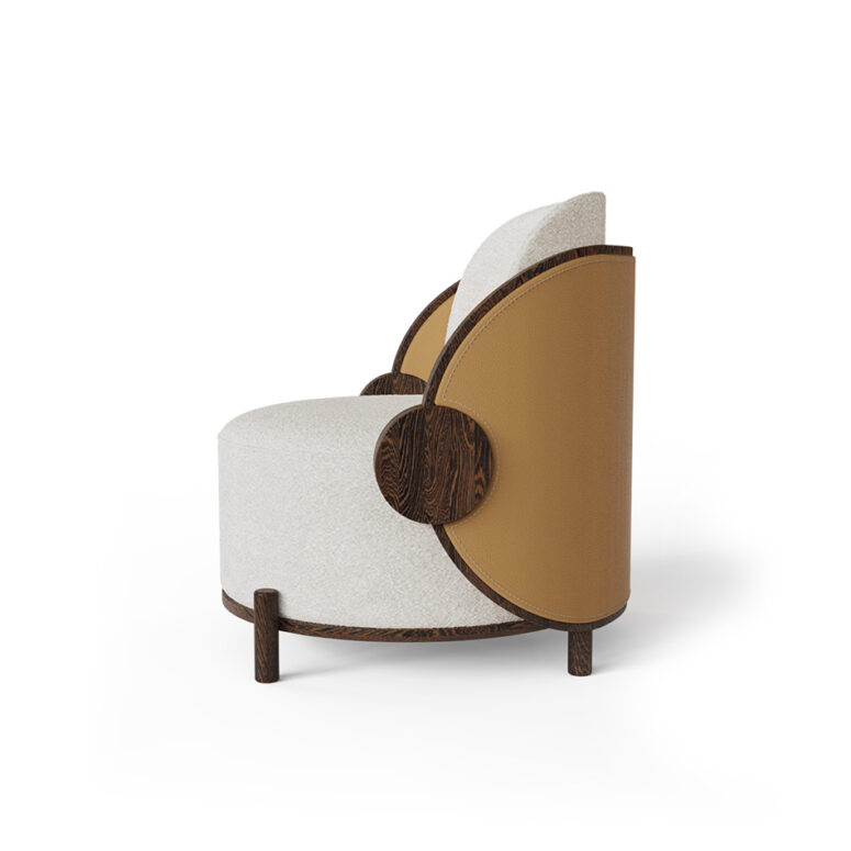 Marie Armchair by Nolita Harbour, featuring leather backrest, glossy walnut frame, and boucle upholstery, showcasing elegant organic shape and luxurious design.