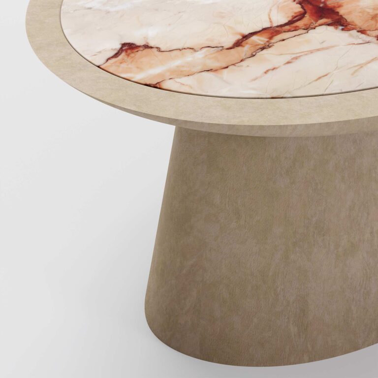 Close-up of Rose II Coffee Table's unique Aegean rose marble veining and smooth plaster base