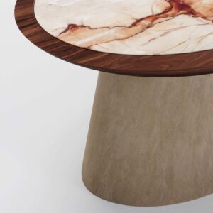 Close-up of Aegean Rose Coffee Table's unique marble veining and sleek walnut frame