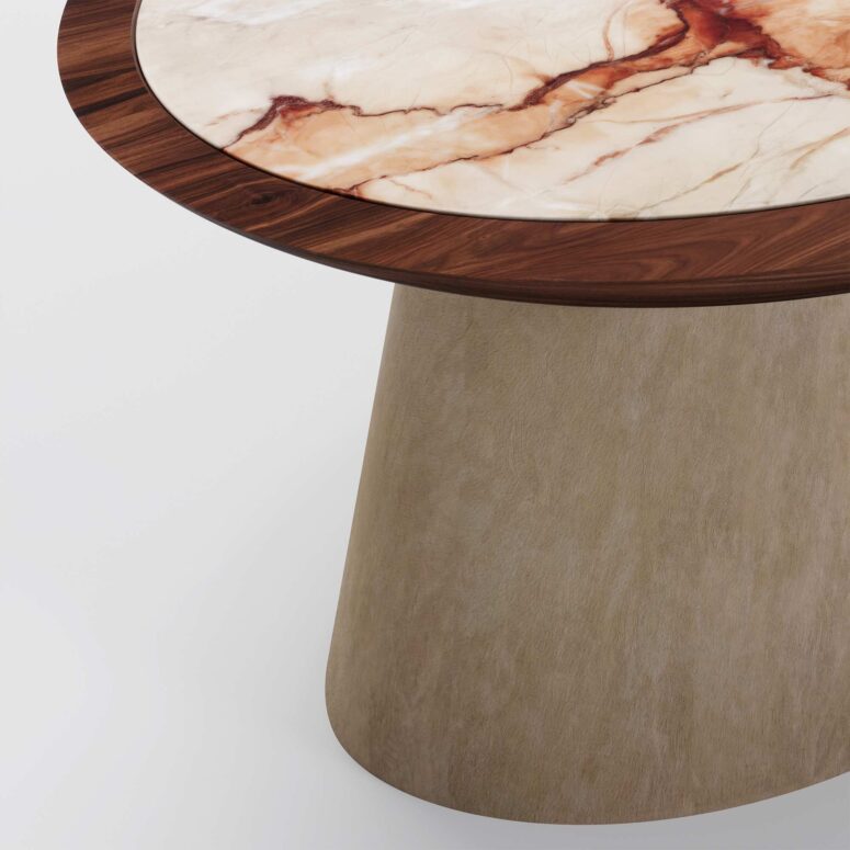 Close-up of Aegean Rose Coffee Table's unique marble veining and sleek walnut frame