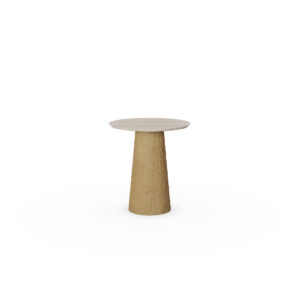 A chic Elke Side Table with a travertine top and a carved oak base with varnish finish. The table combines natural elegance with intricate craftsmanship.