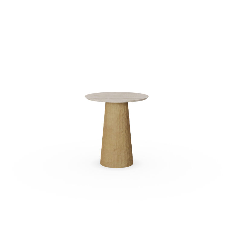 A chic Elke Side Table with a travertine top and a carved oak base with varnish finish. The table combines natural elegance with intricate craftsmanship.