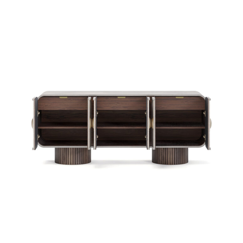 Nolita Harbour Phillip Luxury Sideboard with three geometric patterned doors and gold-tone handles.