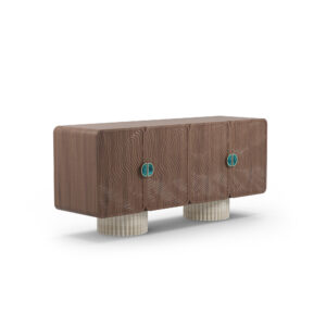 Nolita Harbour Henry Luxury Sideboard with a walnut structure, ribbed travertine legs, and ceramic handles.