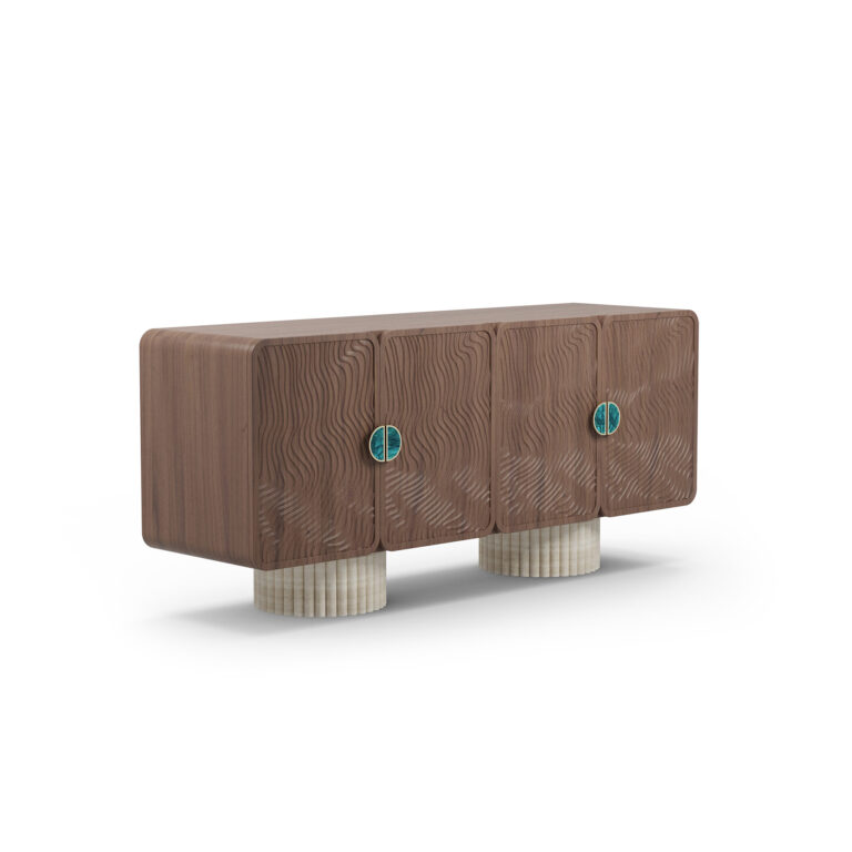 Nolita Harbour Henry Luxury Sideboard with a walnut structure, ribbed travertine legs, and ceramic handles.