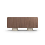 Nolita Harbour Henry Luxury Sideboard with a walnut structure, ribbed travertine legs, and ceramic handles.