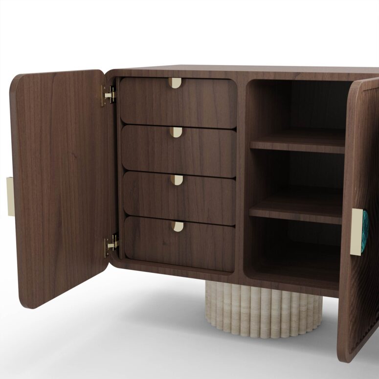 Nolita Harbour Henry Luxury Sideboard with a walnut structure, ribbed travertine legs, and ceramic handles.