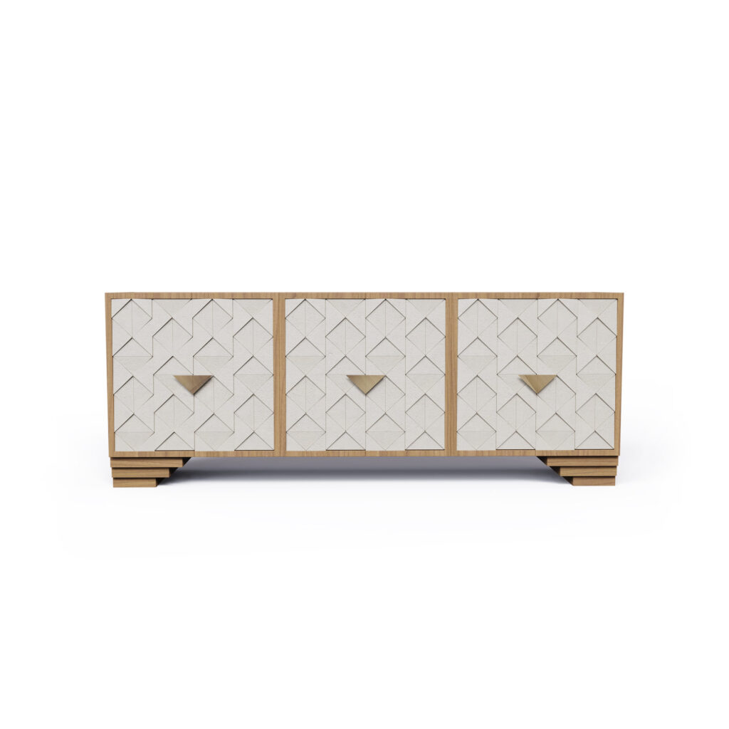 Front view of Arthur Sideboard showcasing intricate geometric triangle details and brass accents