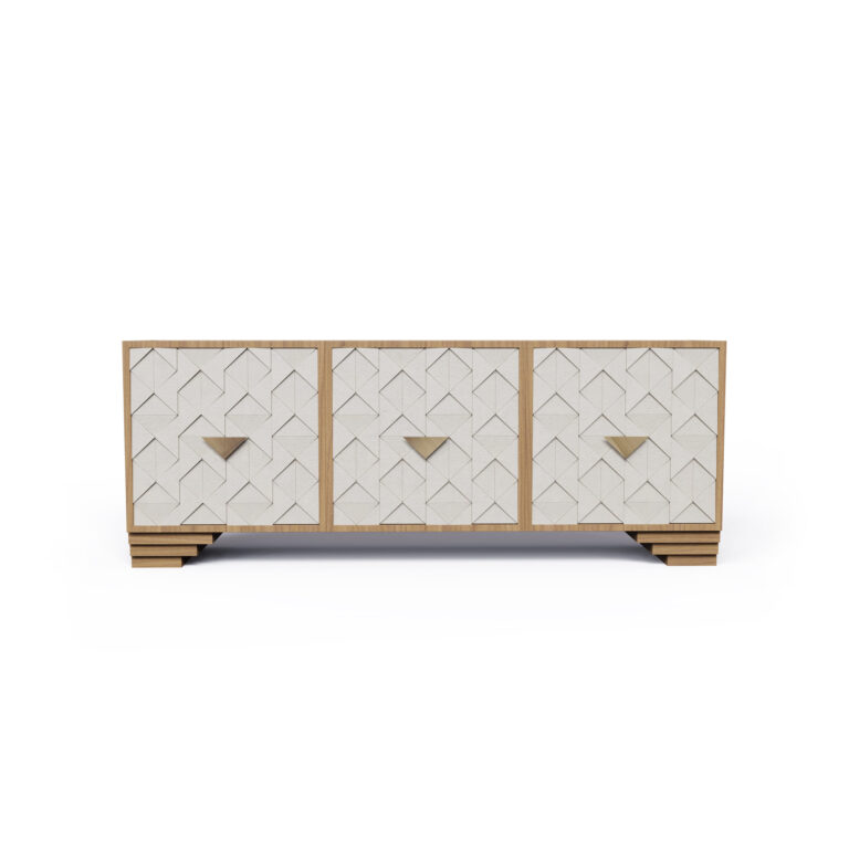 Front view of Arthur Sideboard showcasing intricate geometric triangle details and brass accents