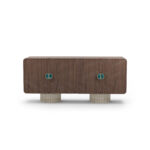 Nolita Harbour Henry Luxury Sideboard with a walnut structure, ribbed travertine legs, and ceramic handles.