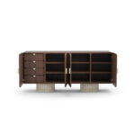 Nolita Harbour Henry Luxury Sideboard with a walnut structure, ribbed travertine legs, and ceramic handles.